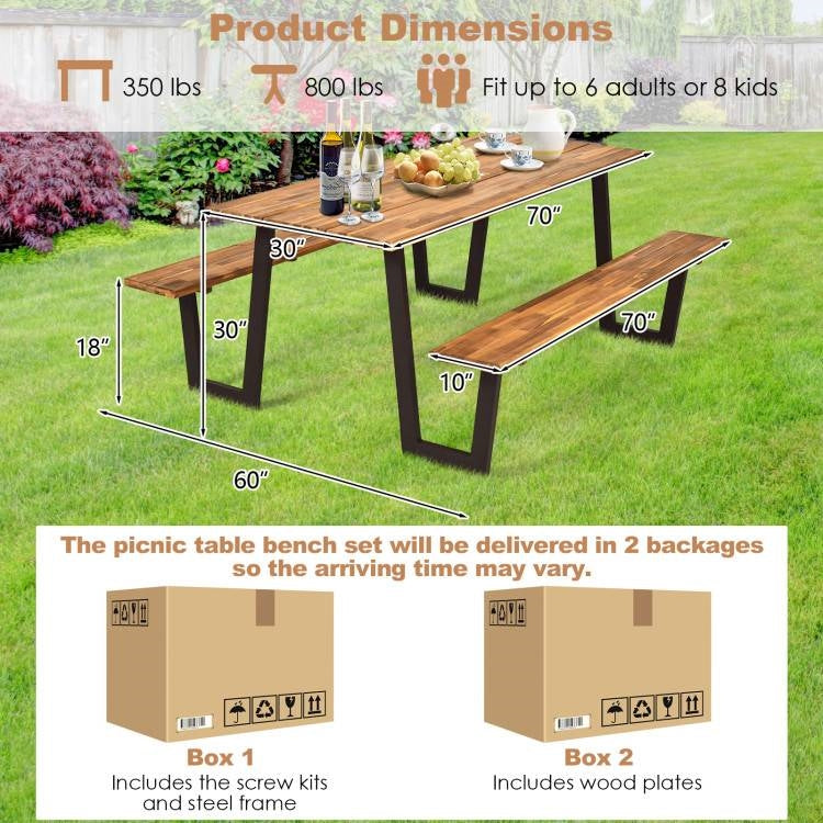 Modern Wooden Picnic Table with 2 Benches Outdoor Patio Dining Set-4