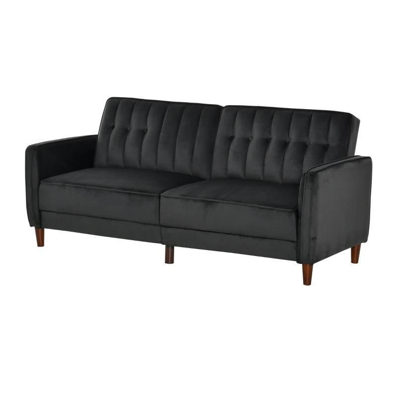 Mid-Century Modern Futon Sleeper Sofa Bed in Black Velvet Upholstery-0