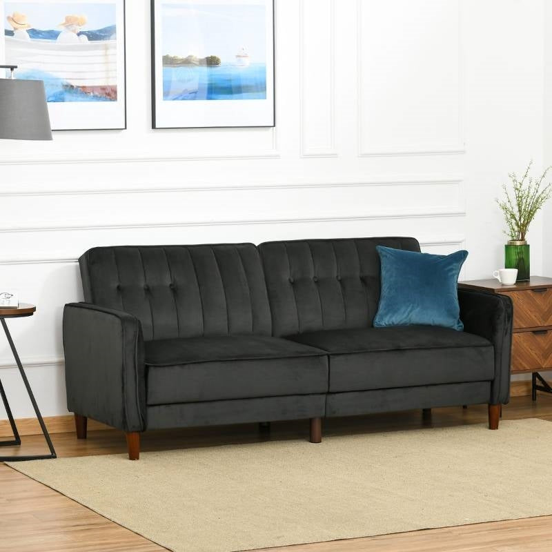 Mid-Century Modern Futon Sleeper Sofa Bed in Black Velvet Upholstery-1