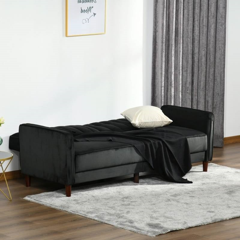 Mid-Century Modern Futon Sleeper Sofa Bed in Black Velvet Upholstery-2