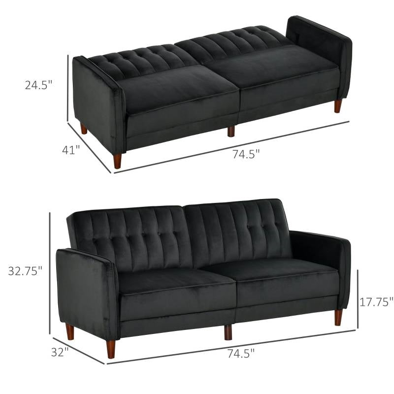 Mid-Century Modern Futon Sleeper Sofa Bed in Black Velvet Upholstery-4