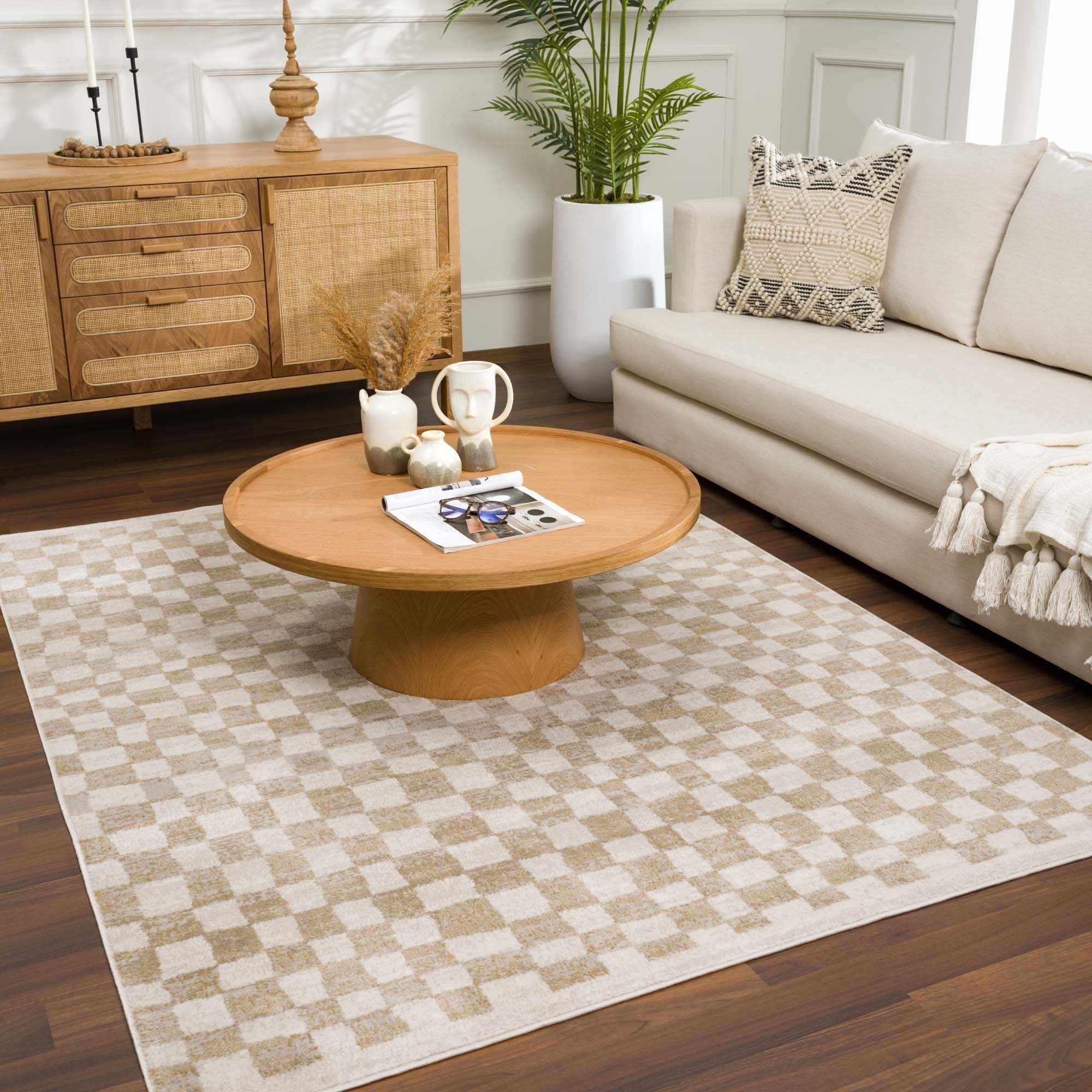 Benjy Cream & Gold Checkered Area Rug