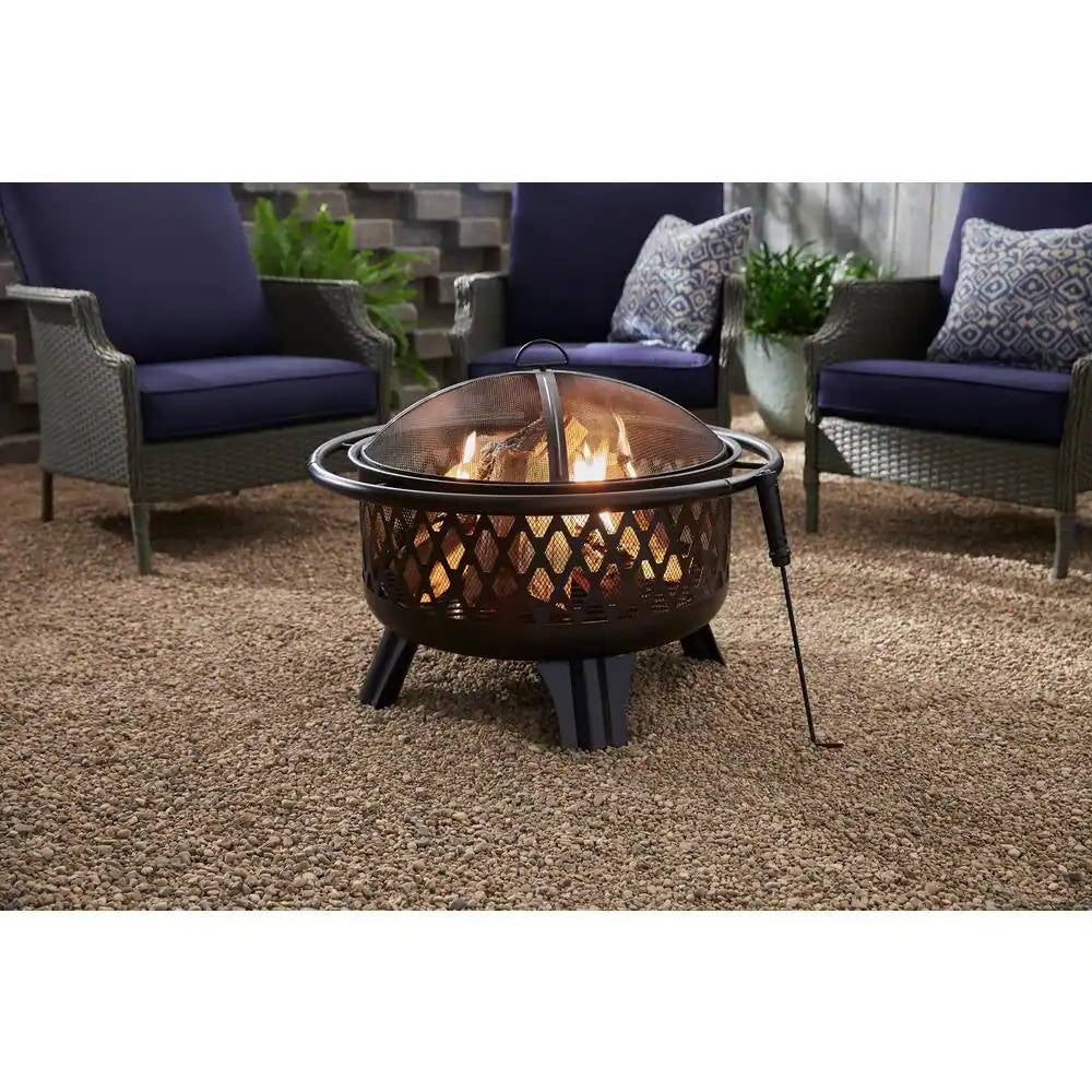 30-inch Black Steel Outdoor Fire Pit Grill with Screen and Poker-1