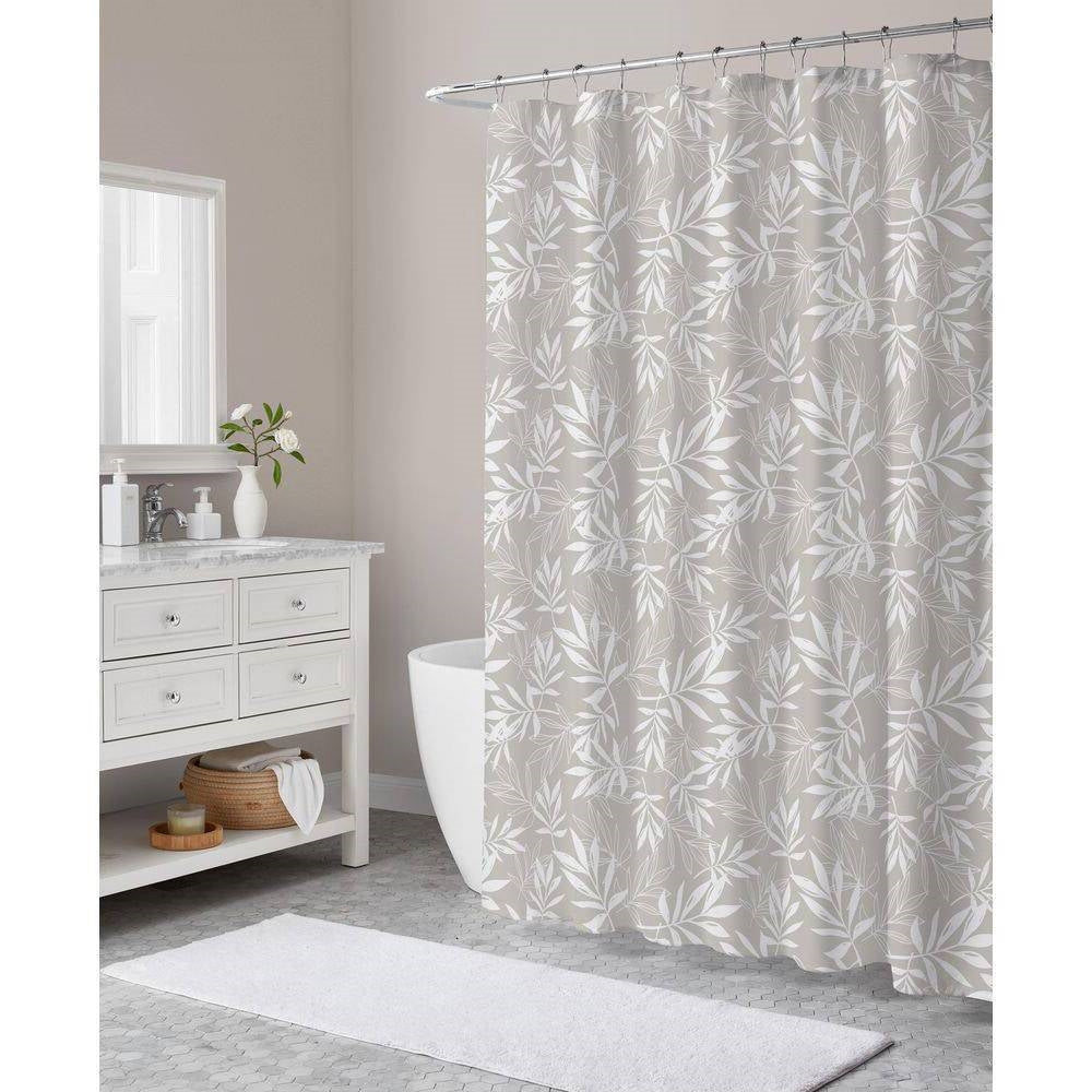 72-inch Polyester Fabric Shower Curtain with Taupe Gray White Leaves Pattern-0