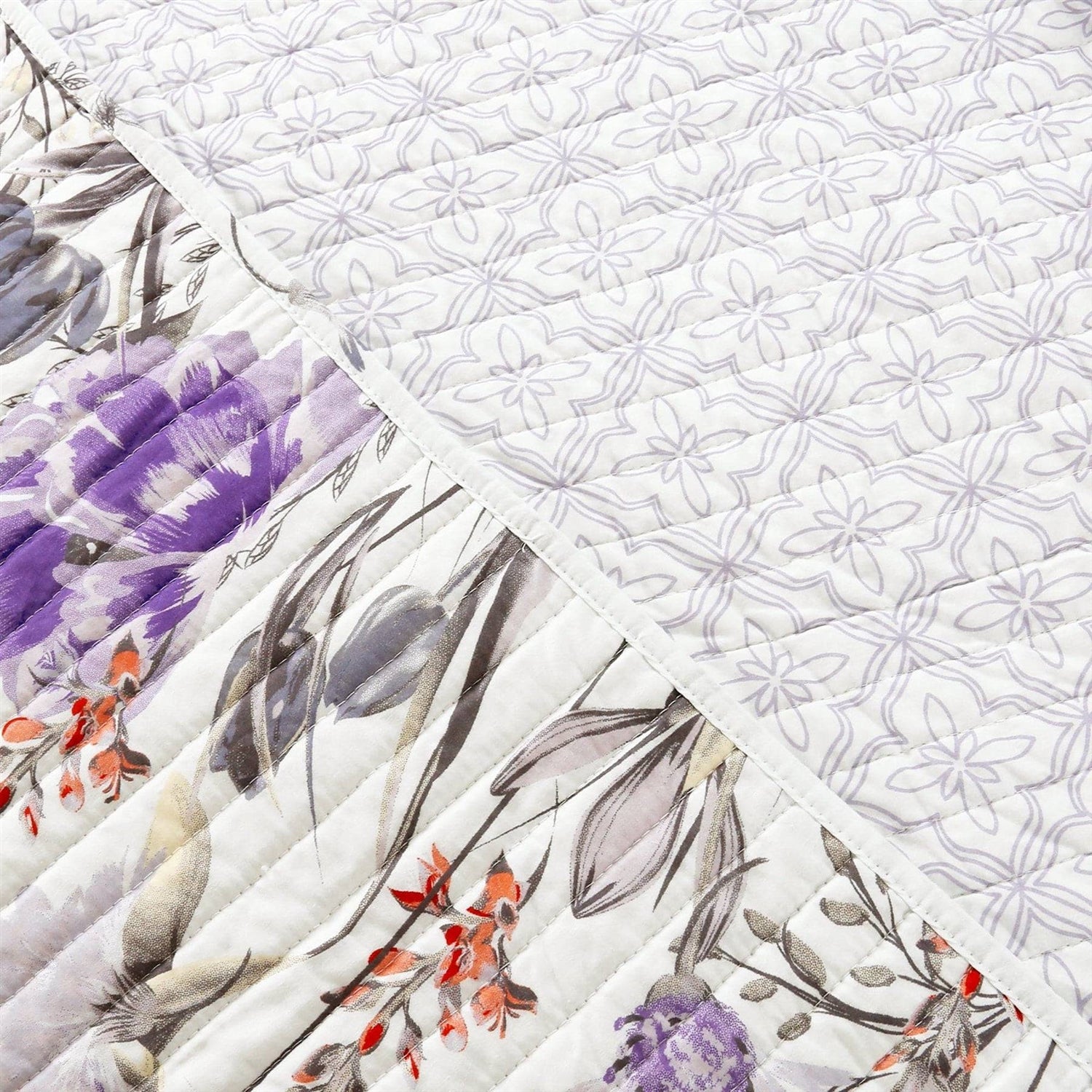 Full/Queen Size Lightweight Purple Grey White Floral Quilt Set-3