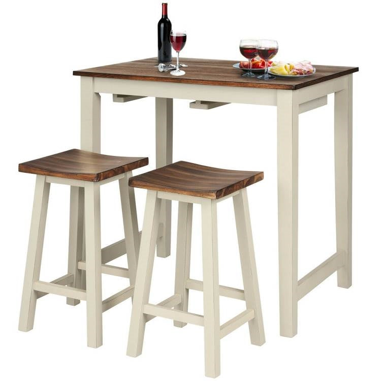 3 Piece Farmhouse Counter Height Kitchen Pub Table Set with 2 Saddle Bar Stools-0