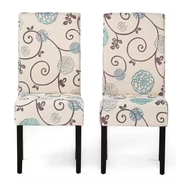 Set of 2 Beige Cream Teal Blue Floral Fabric Dining Chair with Wood Legs-0