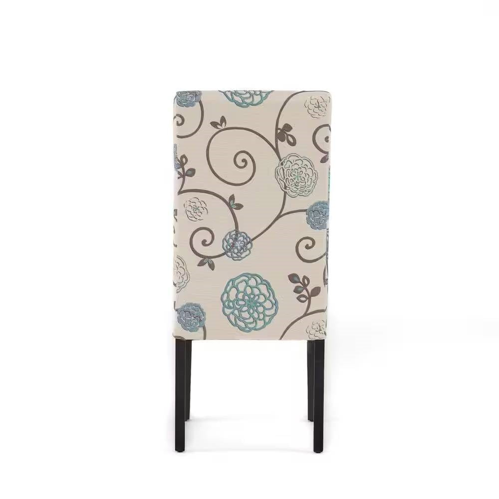 Set of 2 Beige Cream Teal Blue Floral Fabric Dining Chair with Wood Legs-2