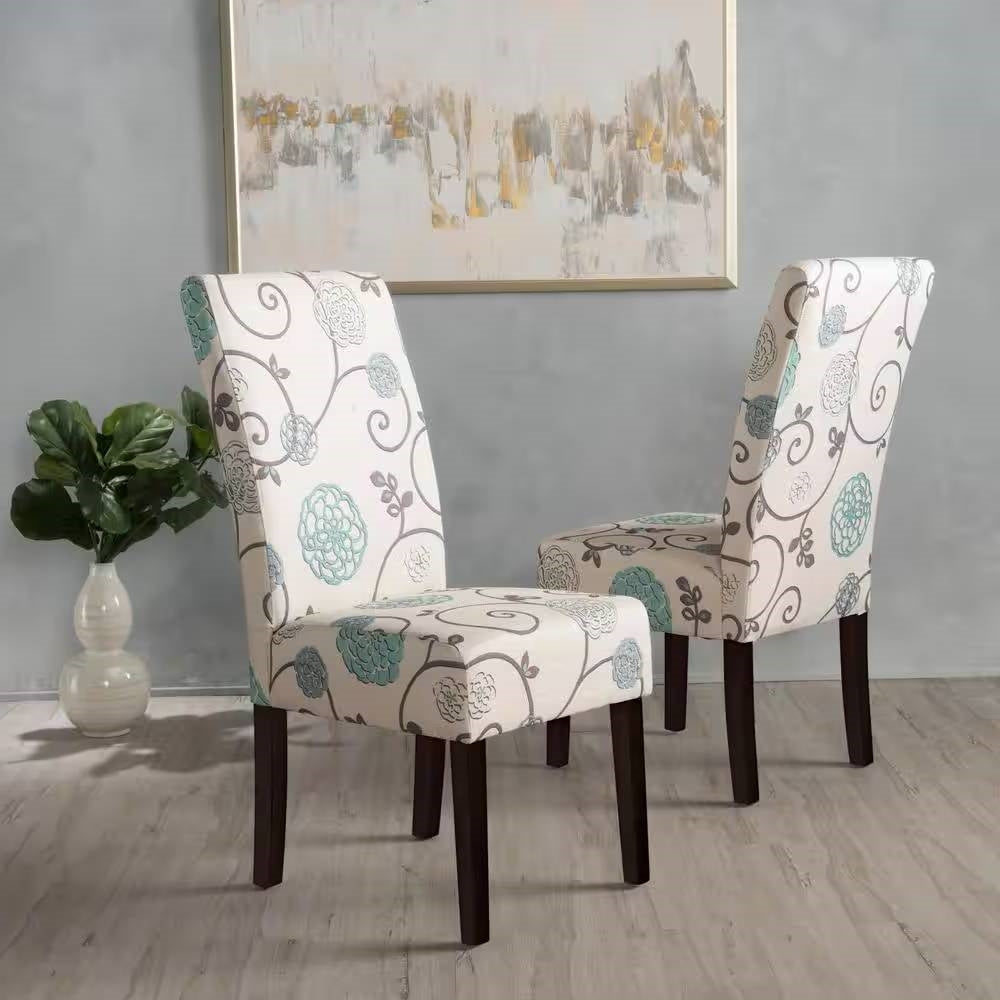 Set of 2 Beige Cream Teal Blue Floral Fabric Dining Chair with Wood Legs-3