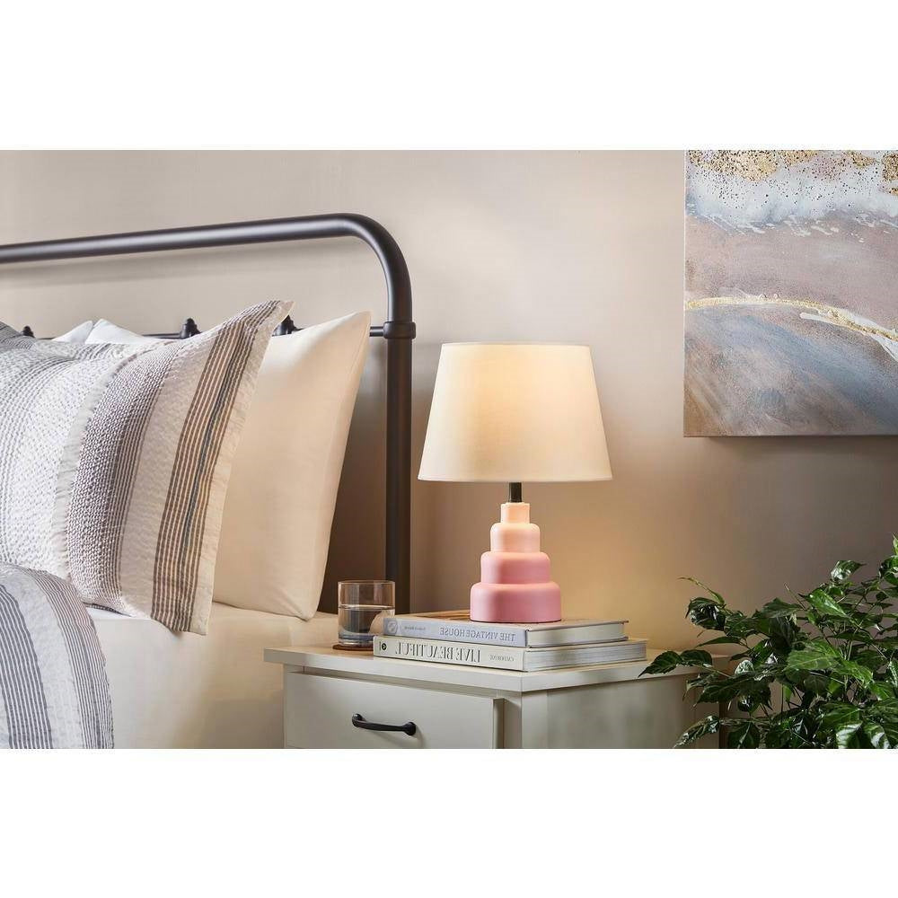 Small Pink Desk Light Table Lamp with White Fabric Shade for Bedside Nightstand-1