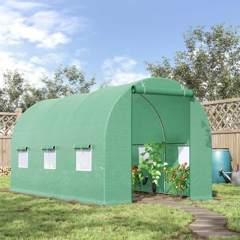 14.5 ft x 6.3 ft Outdoor Greenhouse with Green PE Cover and Sturdy Steel Frame-0