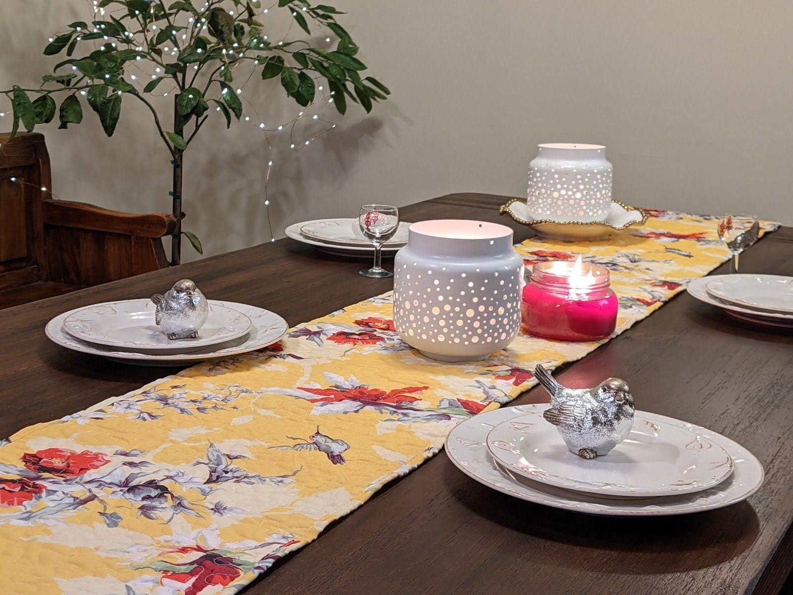 DaDalogy Bedding Sunshine Yellow Floral Vintage Hummingbirds Garden Table Runner (925)