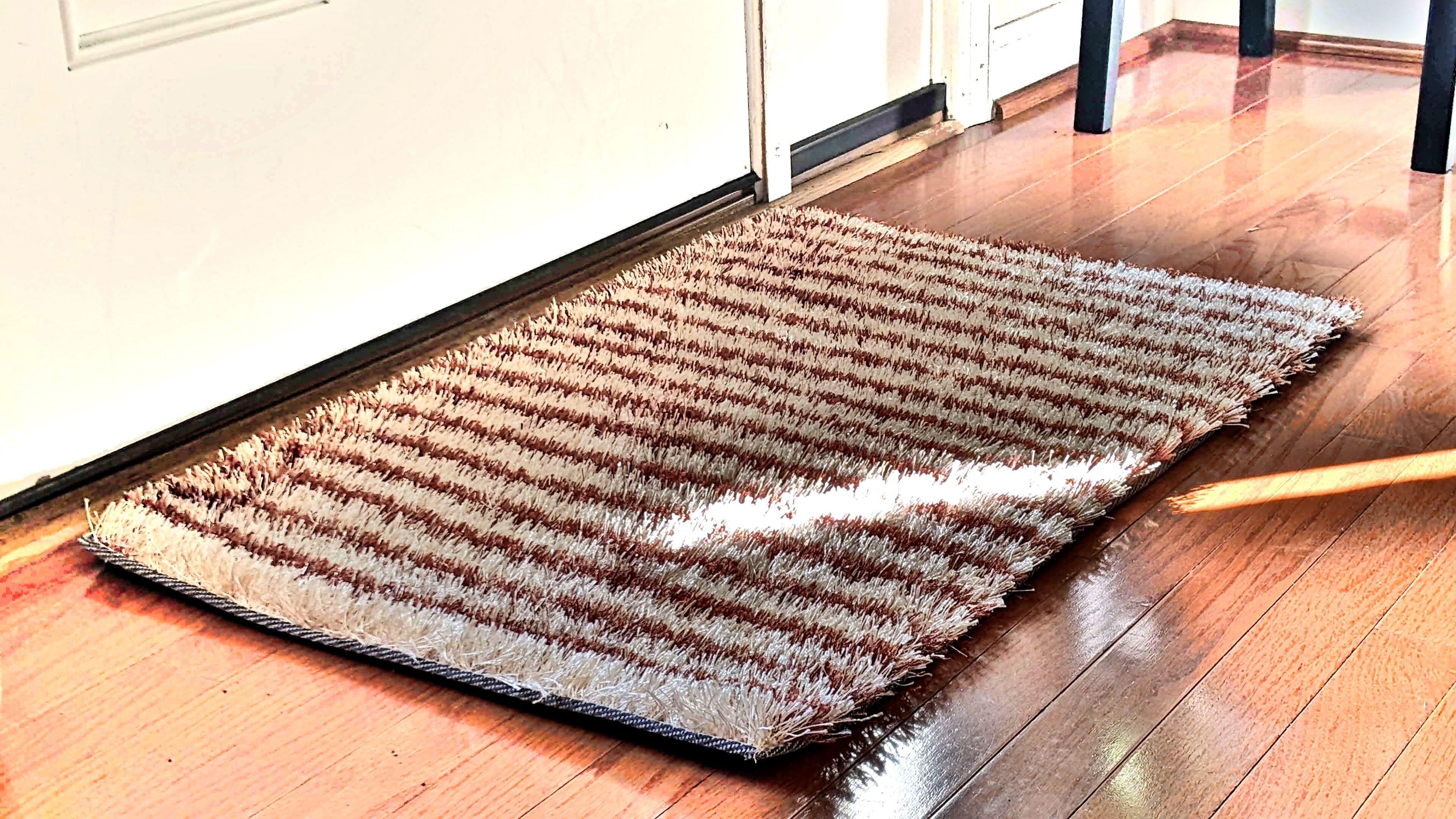 DaDa Bedding Shaggy Soft Door Mat Carpet Rug - 20" x 32" Striped Shiny Coffee Light Beige / Dark Brown