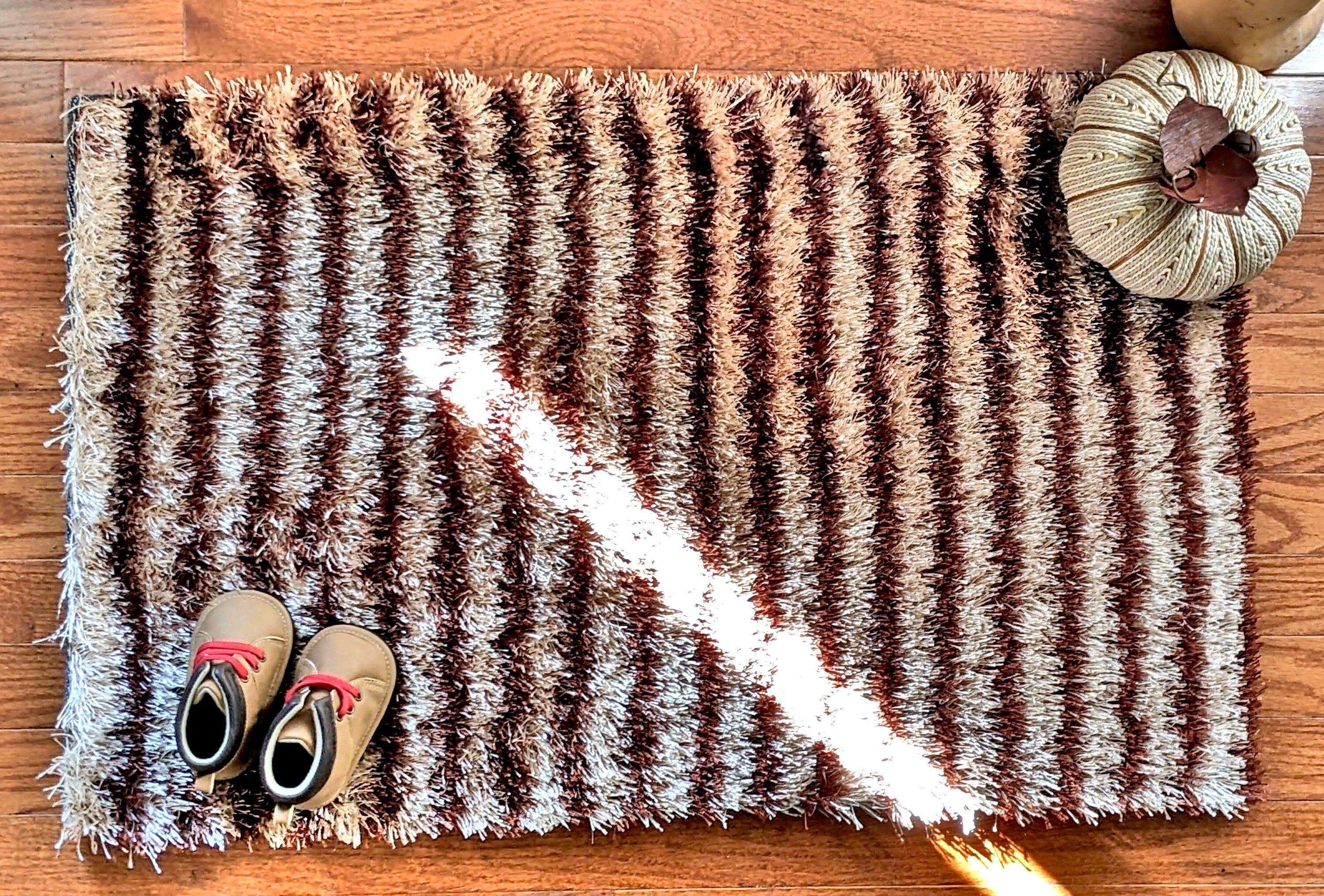 DaDa Bedding Shaggy Soft Door Mat Carpet Rug - 20" x 32" Striped Shiny Coffee Light Beige / Dark Brown