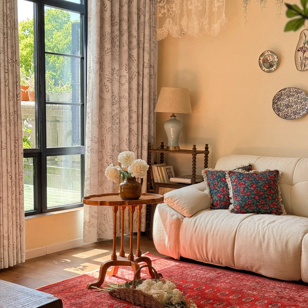 Peggy Subtle Leaf Linen Embroidered Curtains