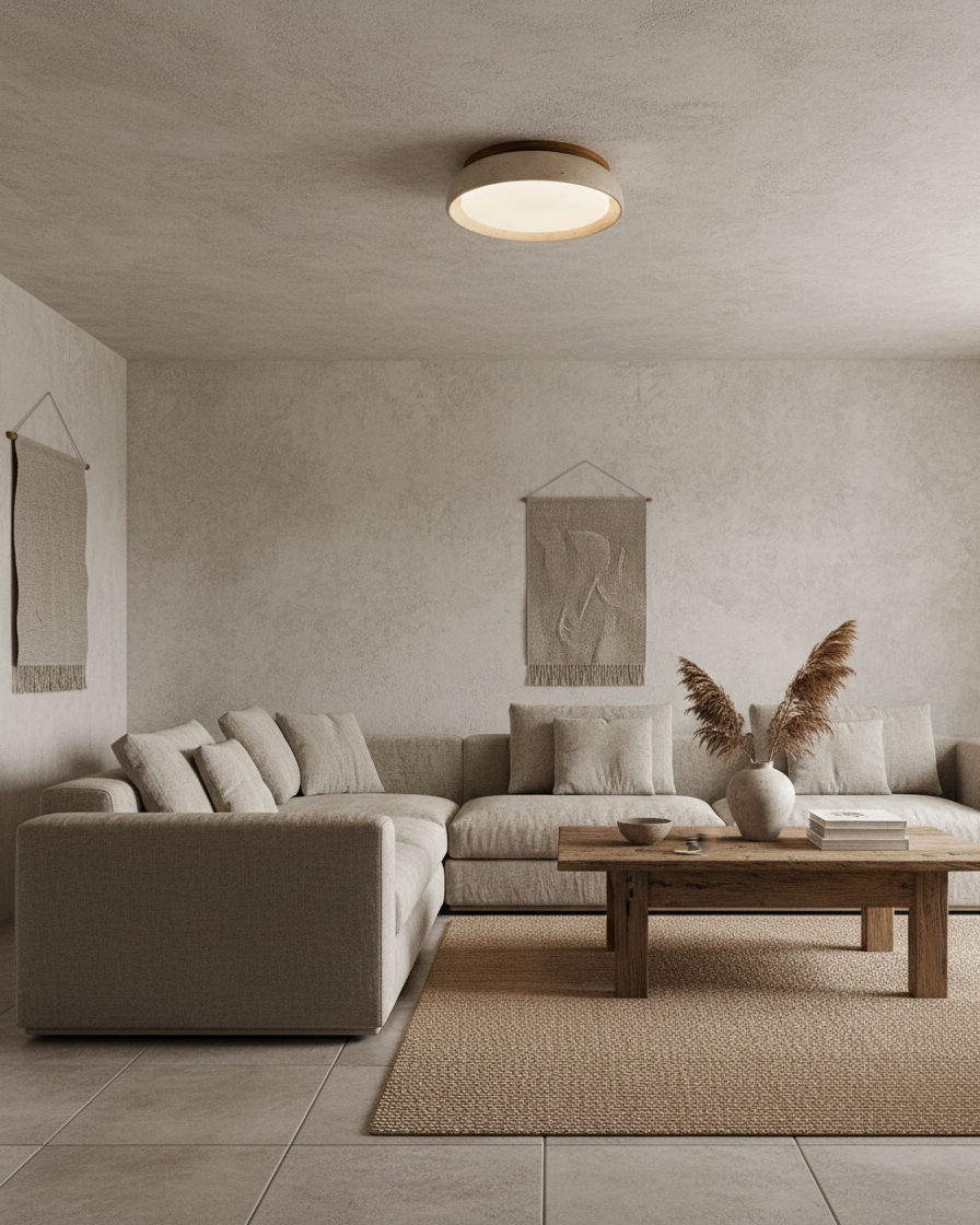 Natural Travertine Stone Ceiling Light with Warm Diffused Glow | Flush Mount