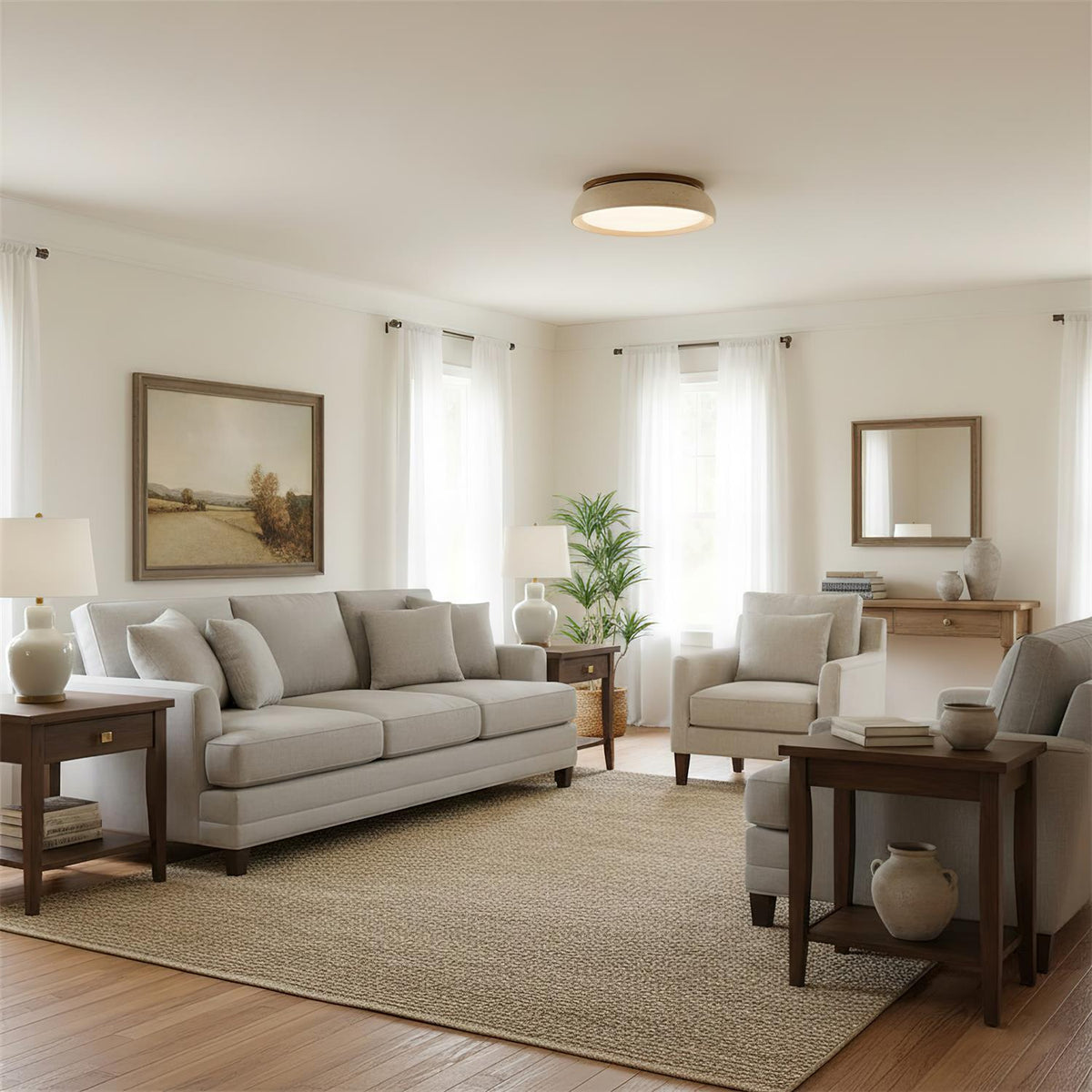 Natural Travertine Stone Ceiling Light with Warm Diffused Glow | Flush Mount