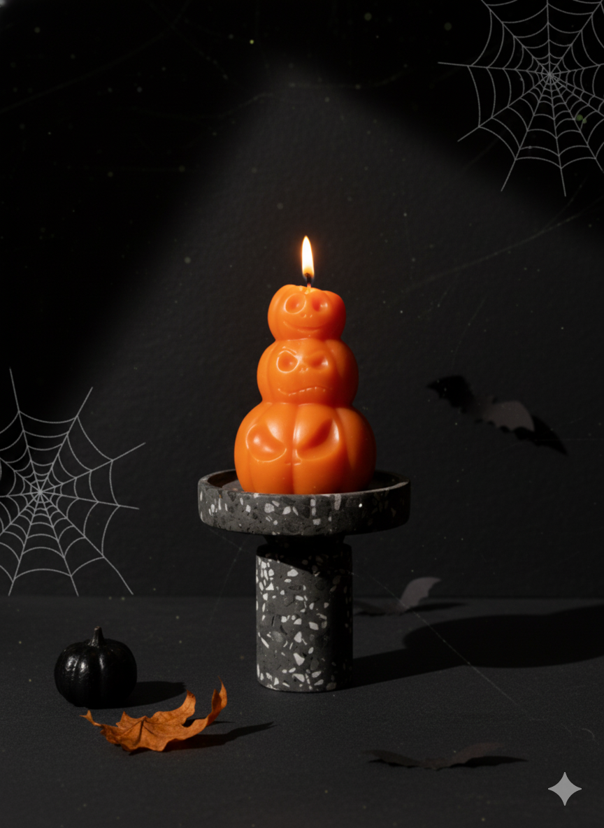 Hand-Poured Pumpkin Soy Candle – Fall Sculpture in Orange, Ivory & Gray