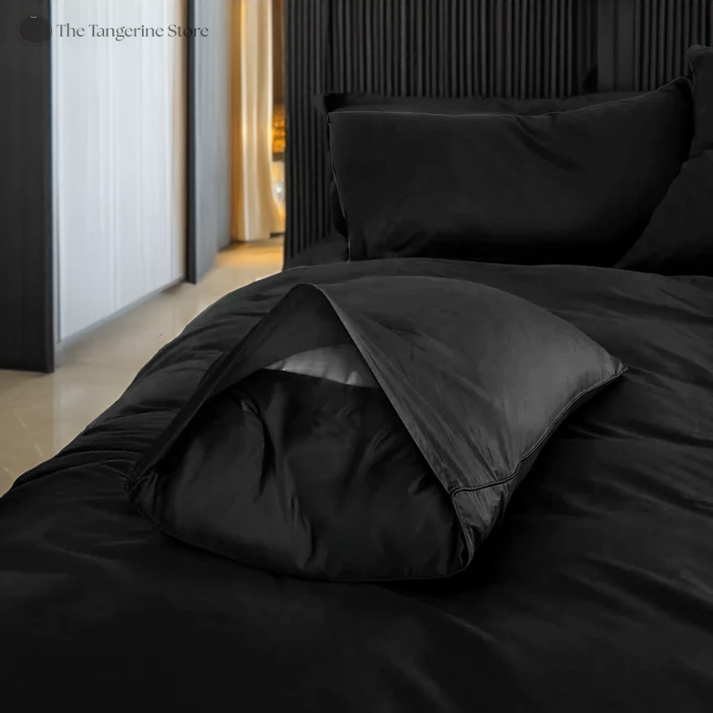 Pure Black - Cotton Sateen 3 Piece Duvet Cover Set | 4 Piece Sheet Set | Pre-washed | 400 TC Cotton Sateen | Ultra Soft | Luxury Bedding-1