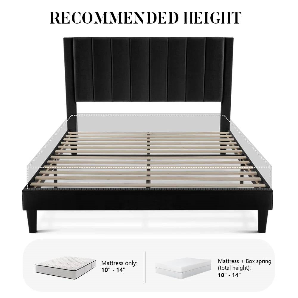 Queen size Black Velvet Upholstered Platform Bed Frame with Headboard-3