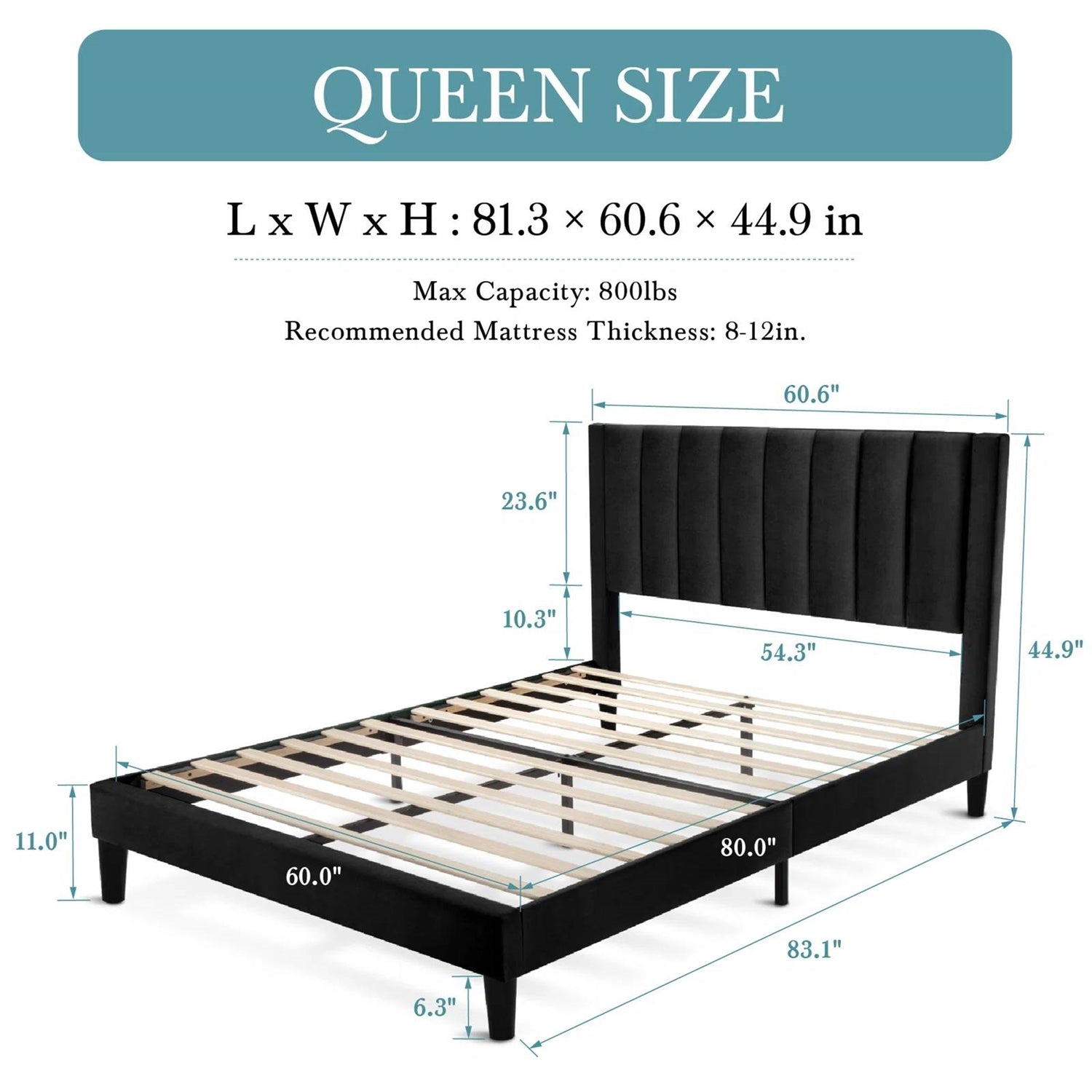 Queen size Black Velvet Upholstered Platform Bed Frame with Headboard-4