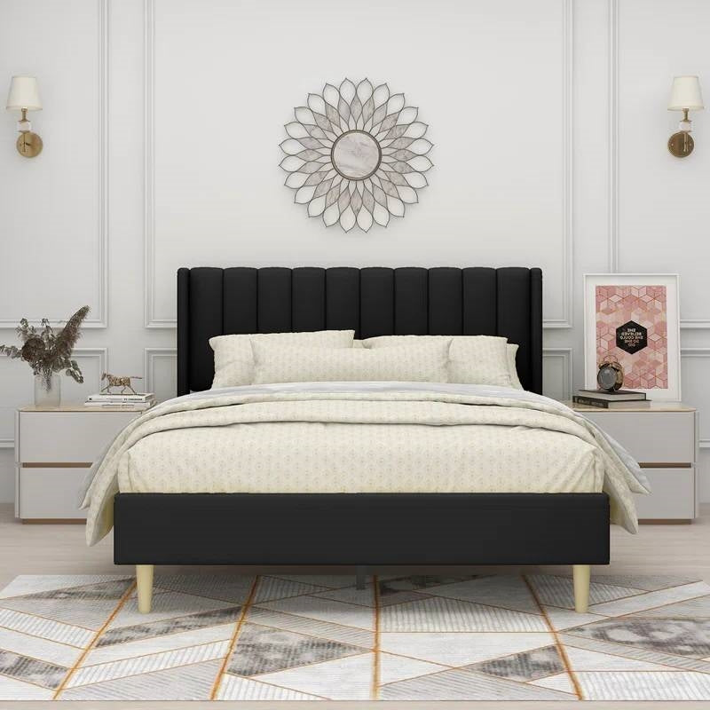 Queen size Mid-Century Black Linen Platform Bed Frame with Upholstered Headboard-0