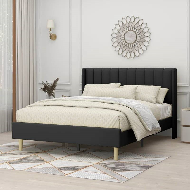 Queen size Mid-Century Black Linen Platform Bed Frame with Upholstered Headboard-1