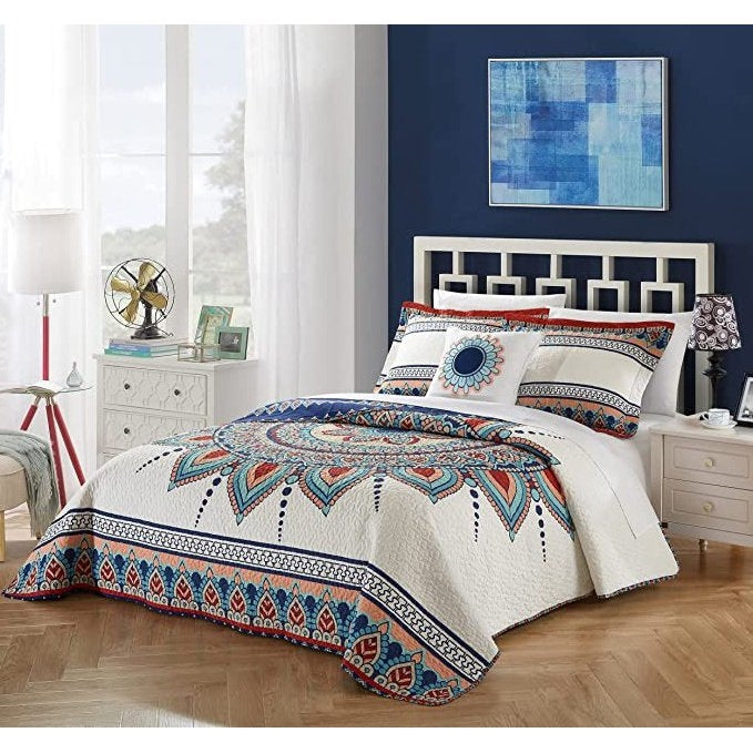 Queen size 4 Piece Cotton Blue White Boho Geometric Reversible Quilt Set-0