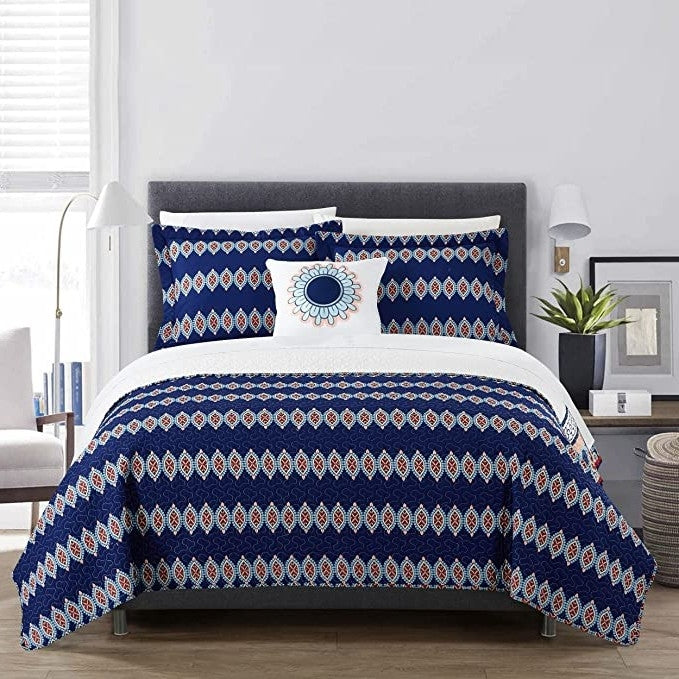 Queen size 4 Piece Cotton Blue White Boho Geometric Reversible Quilt Set-1