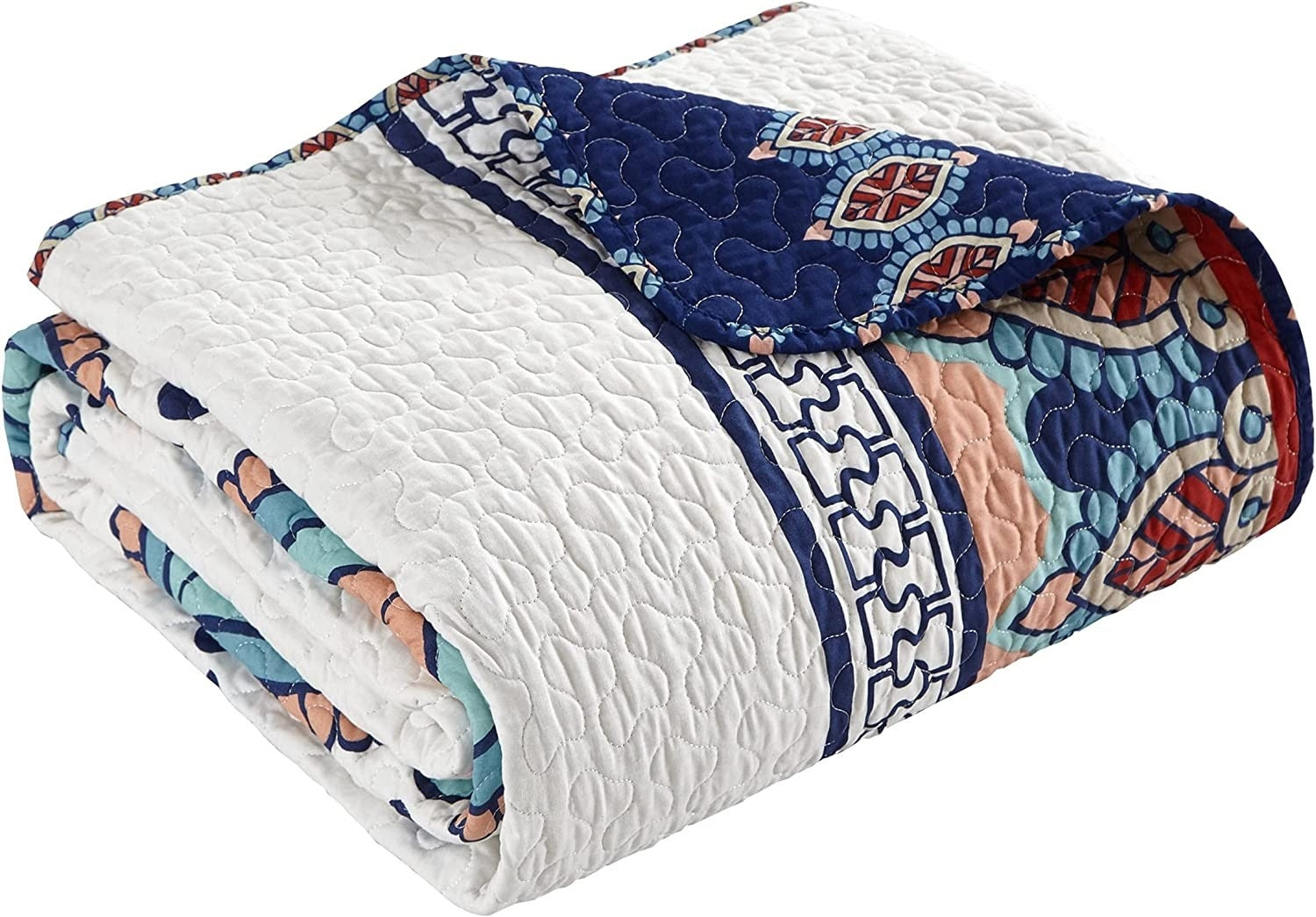 Queen size 4 Piece Cotton Blue White Boho Geometric Reversible Quilt Set-2