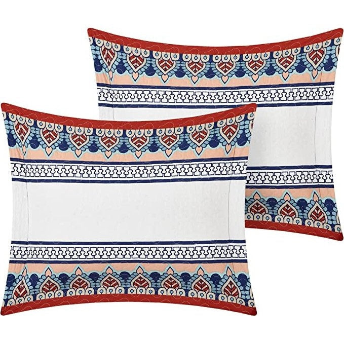 Queen size 4 Piece Cotton Blue White Boho Geometric Reversible Quilt Set-3