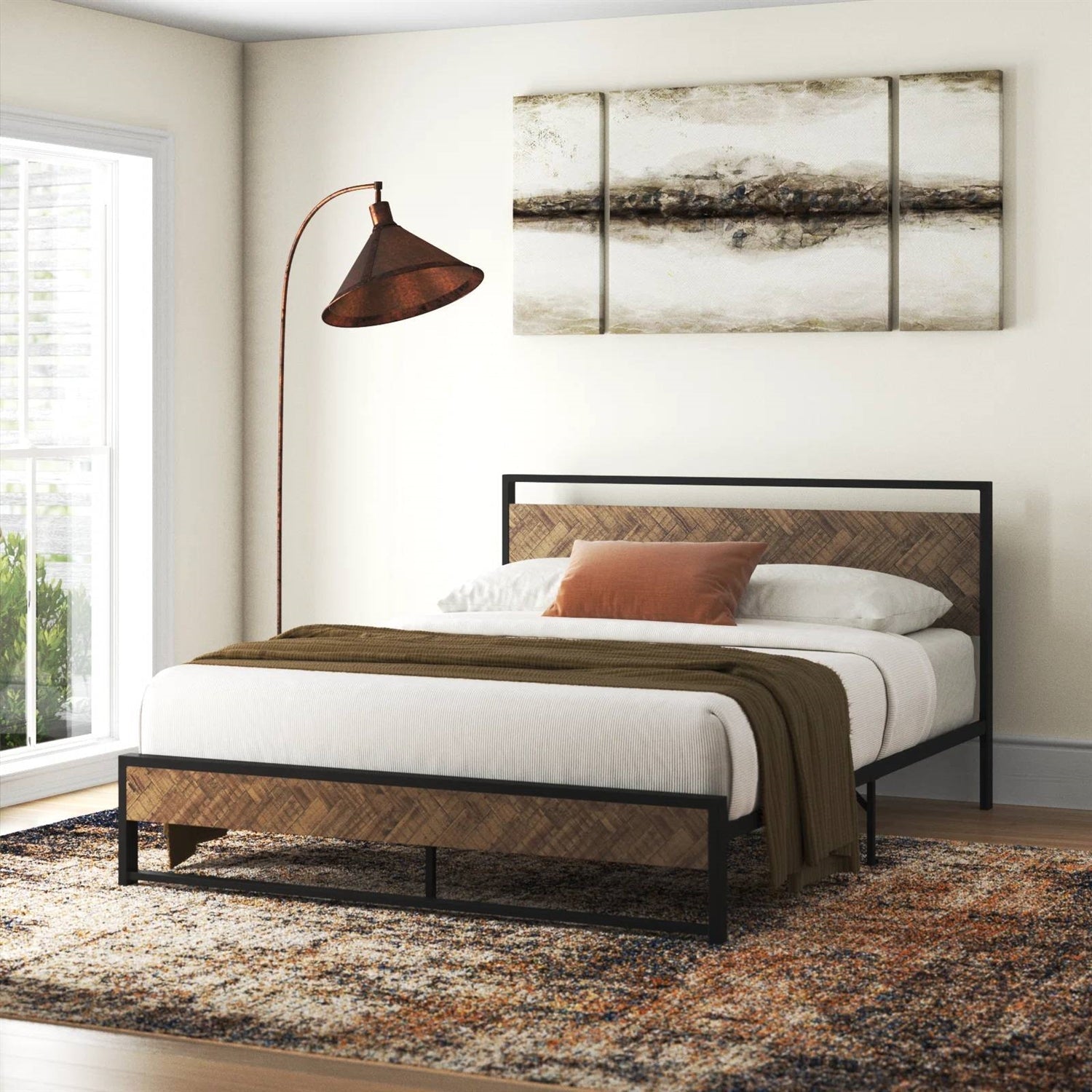 Queen Modern Industrial Metal Platform Bed Frame with Wood Headboard Footboard-0