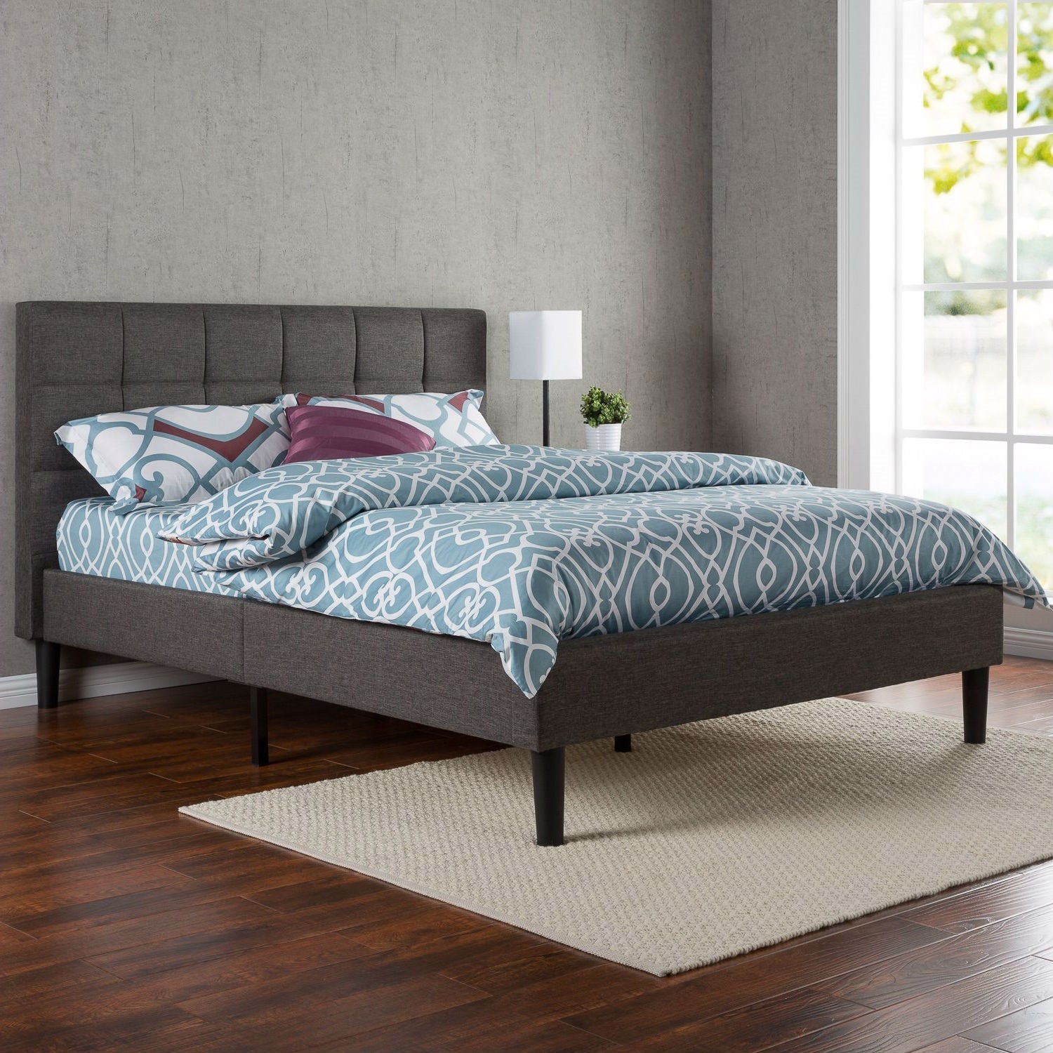 Queen size Modern Classic Dark Grey Upholstered Platform Bed with Headboard-1