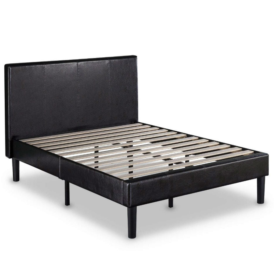 Queen Espresso Faux Leather Platform Bed Frame with Headboard-0