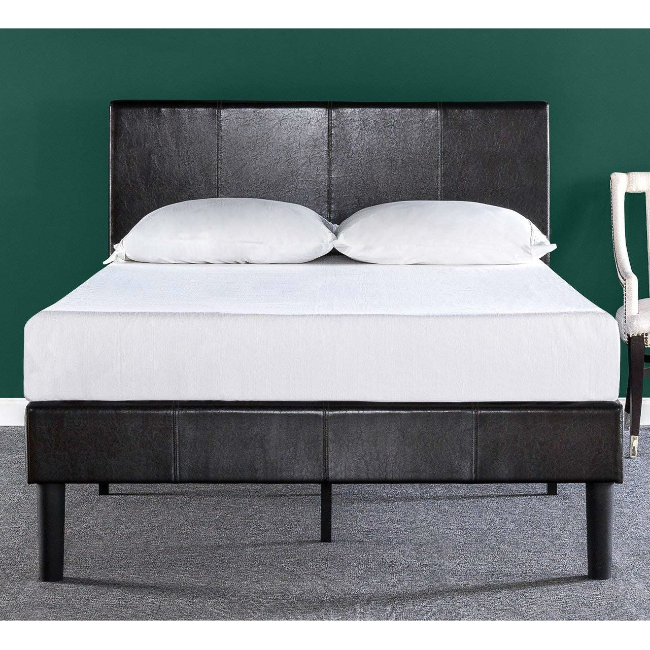 Queen Espresso Faux Leather Platform Bed Frame with Headboard-2