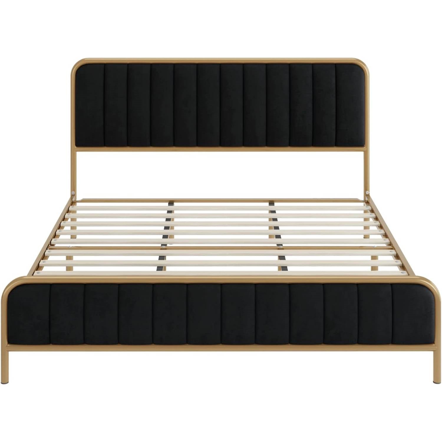 Queen Gold Metal Platform Bed Frame with Black Velvet Upholstered Headboard-0