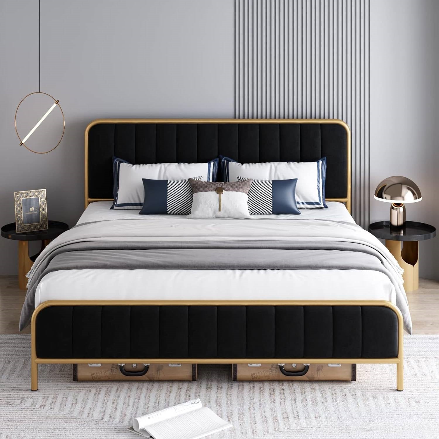 Queen Gold Metal Platform Bed Frame with Black Velvet Upholstered Headboard-1