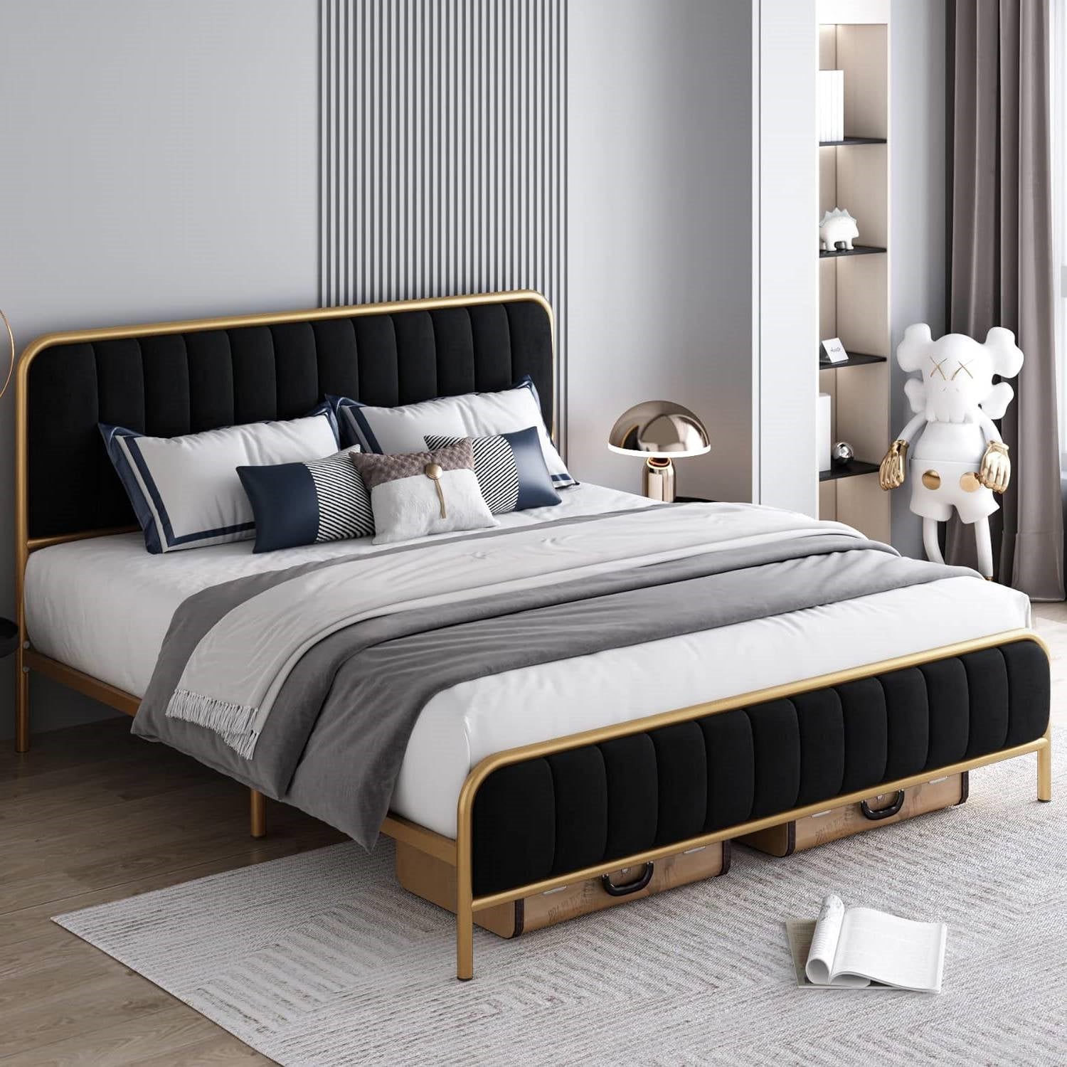 Queen Gold Metal Platform Bed Frame with Black Velvet Upholstered Headboard-2