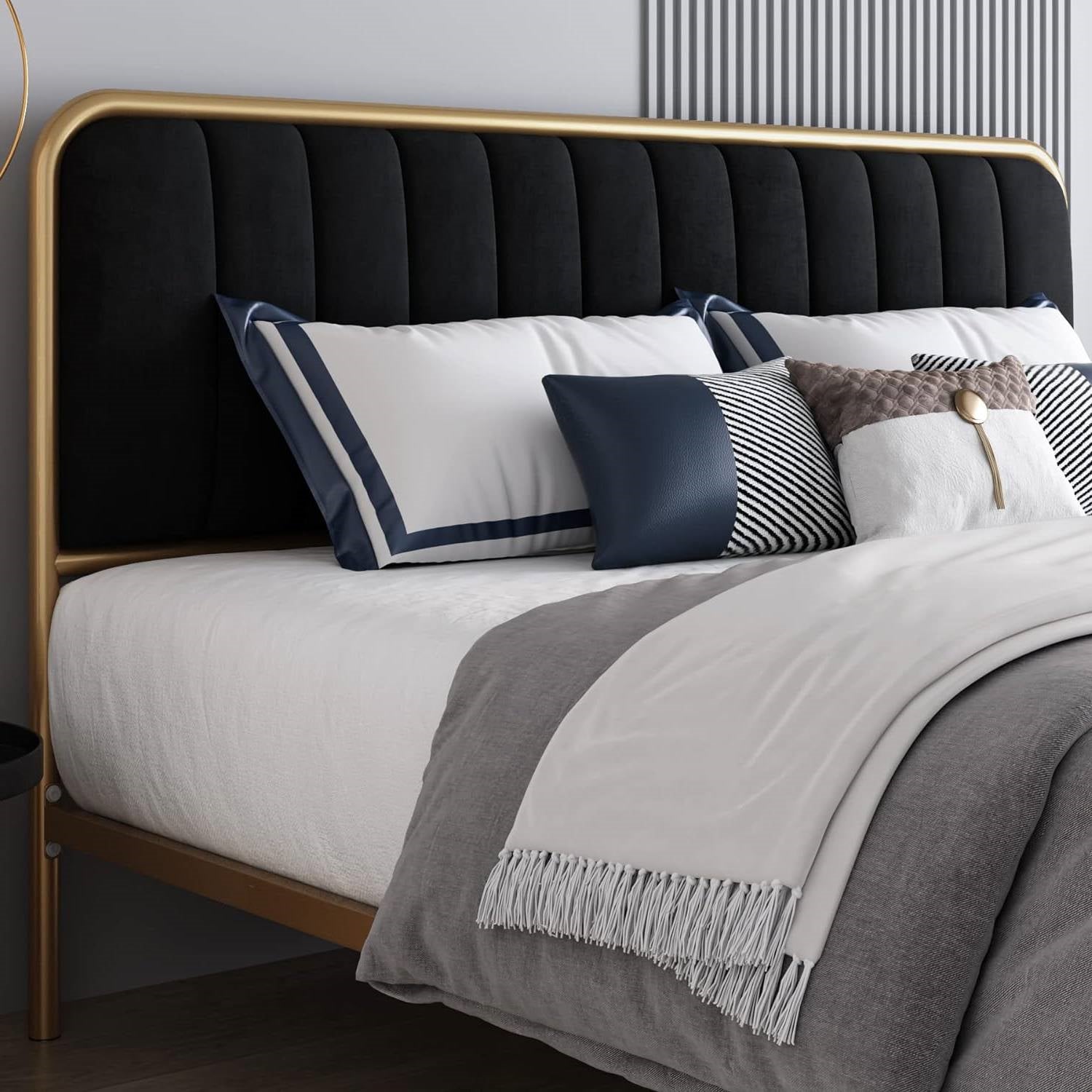 Queen Gold Metal Platform Bed Frame with Black Velvet Upholstered Headboard-3