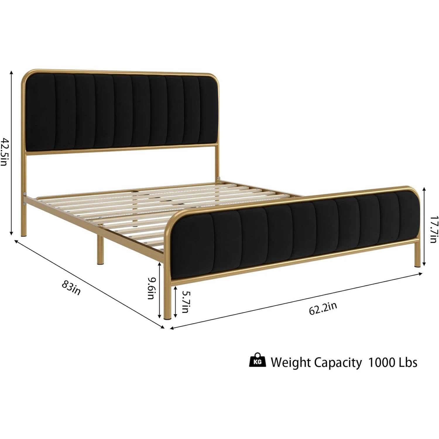 Queen Gold Metal Platform Bed Frame with Black Velvet Upholstered Headboard-4