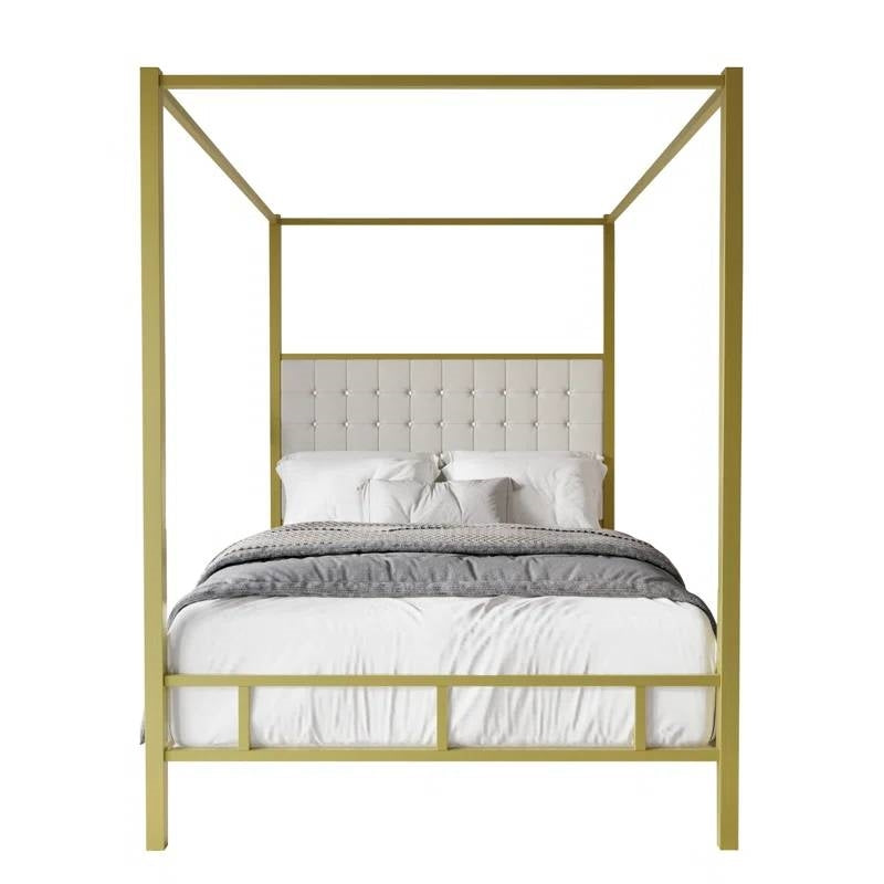 Queen size Gold Metal Canopy Bed with Upholstered Button-Tufted Headboard-2