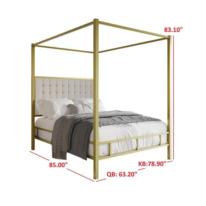 Queen size Gold Metal Canopy Bed with Upholstered Button-Tufted Headboard-4