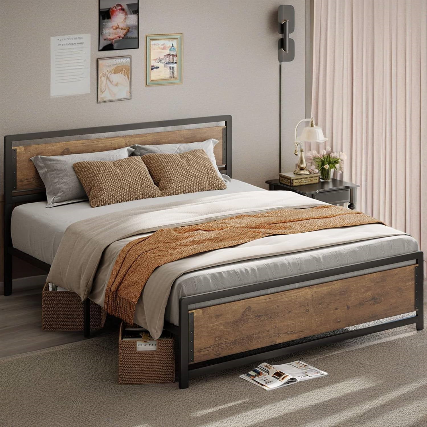 Queen Modern Metal Wood Industrial Platform Bed Frame with Headboard Footboard-1