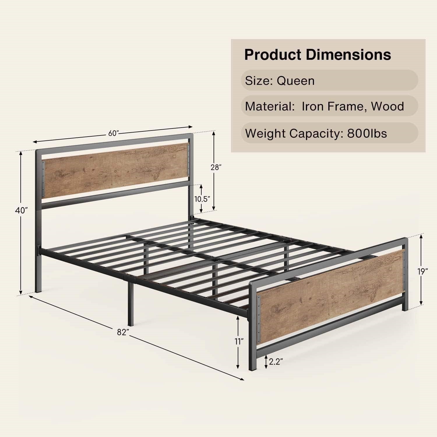 Queen Modern Metal Wood Industrial Platform Bed Frame with Headboard Footboard-4