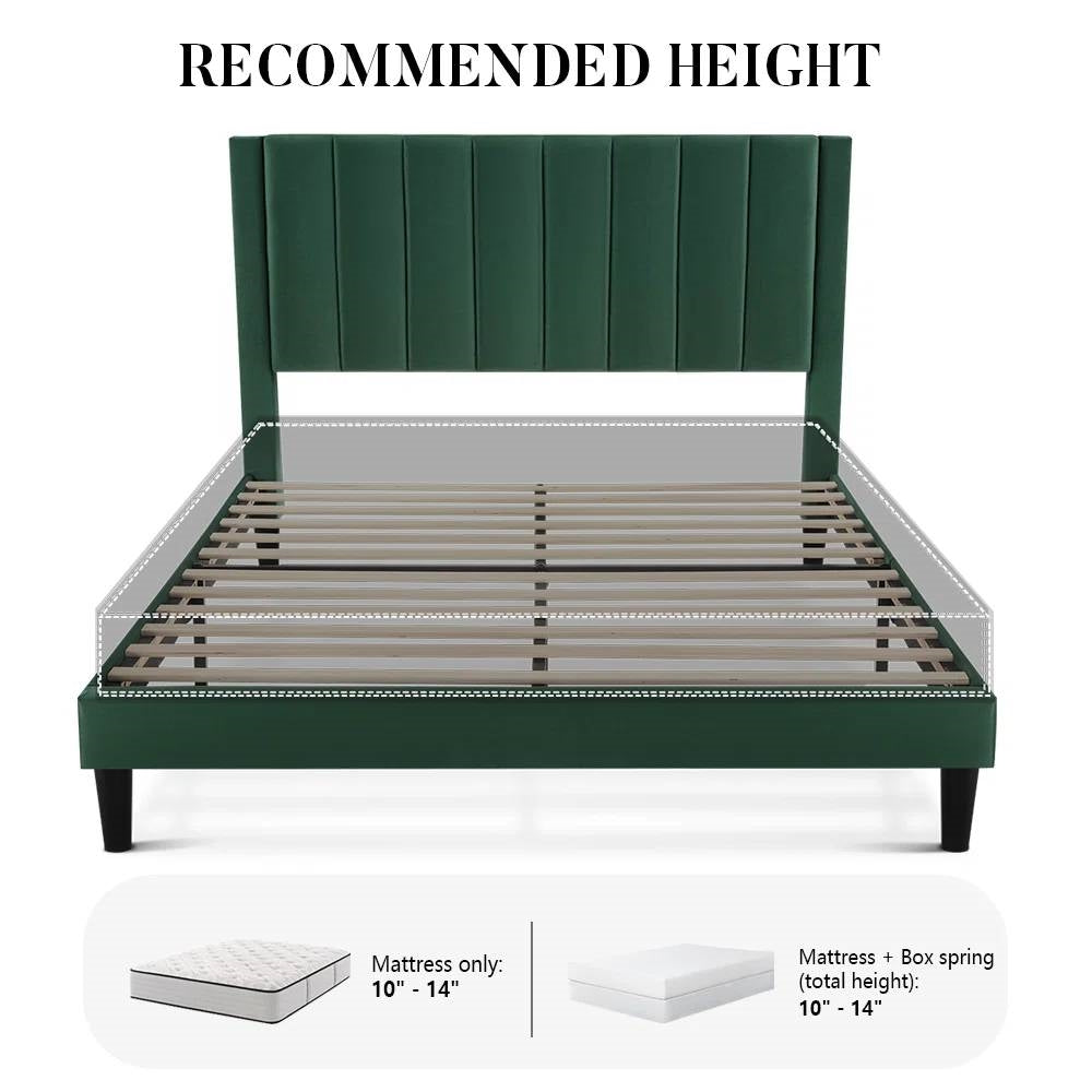 Queen size Green Velvet Upholstered Platform Bed Frame with Headboard-3