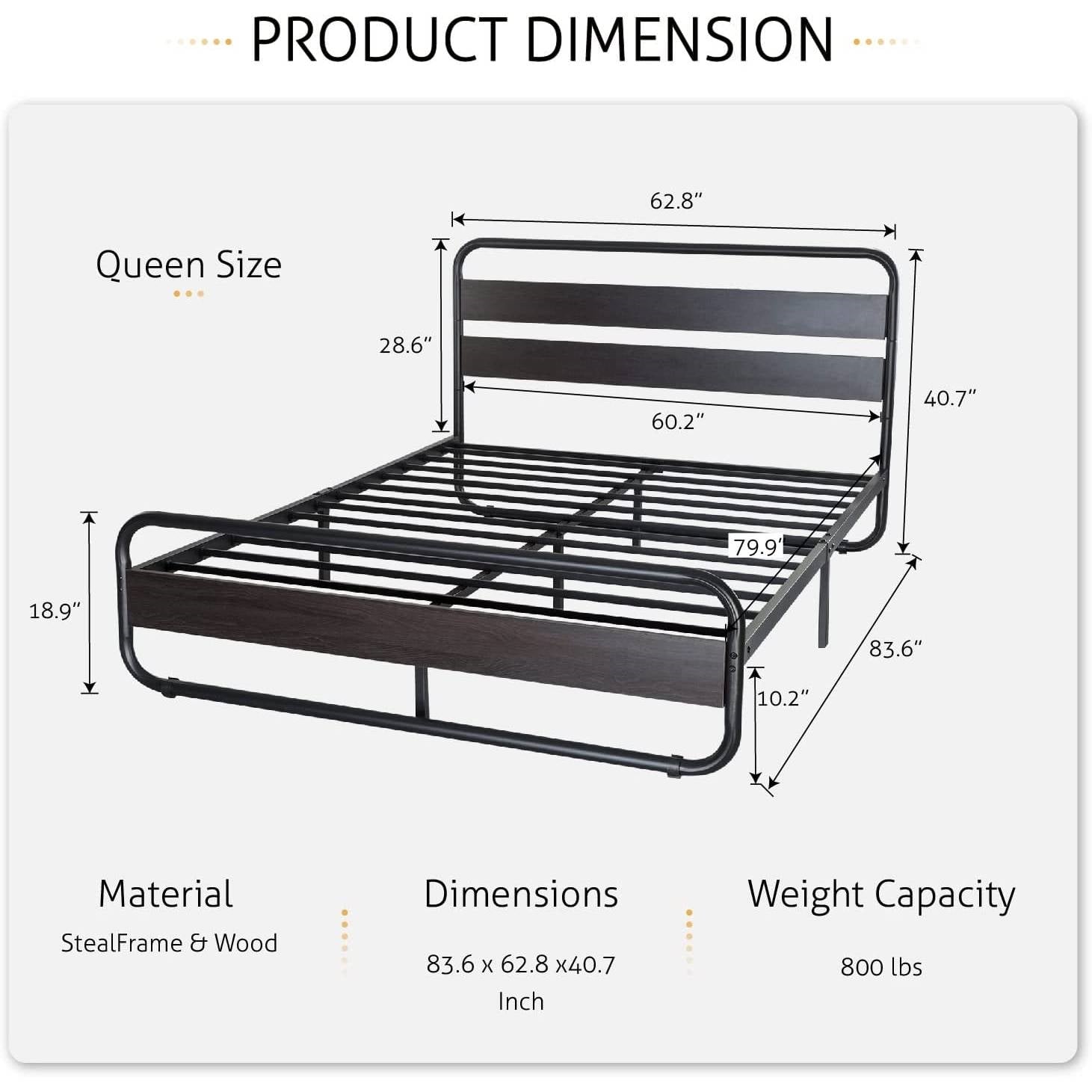 Queen Heavy Duty Round Metal Frame Platform Bed with Black Wood Panel Headboard-4