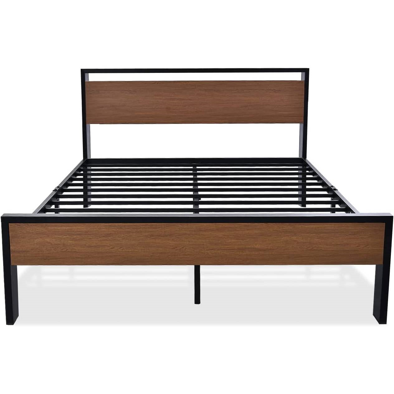 Queen Metal Platform Bed with Walnut Finish Wood Panel Headboard Footboard-0