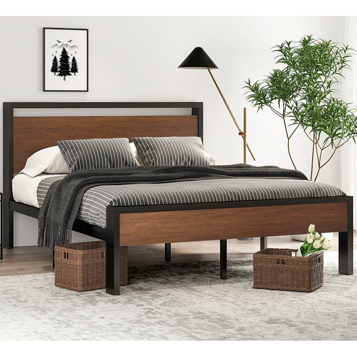 Queen Metal Platform Bed with Walnut Finish Wood Panel Headboard Footboard-1