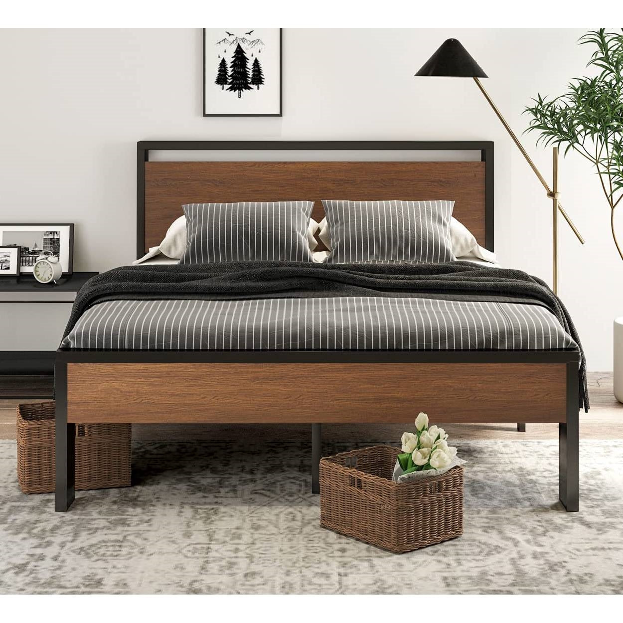 Queen Metal Platform Bed with Walnut Finish Wood Panel Headboard Footboard-2