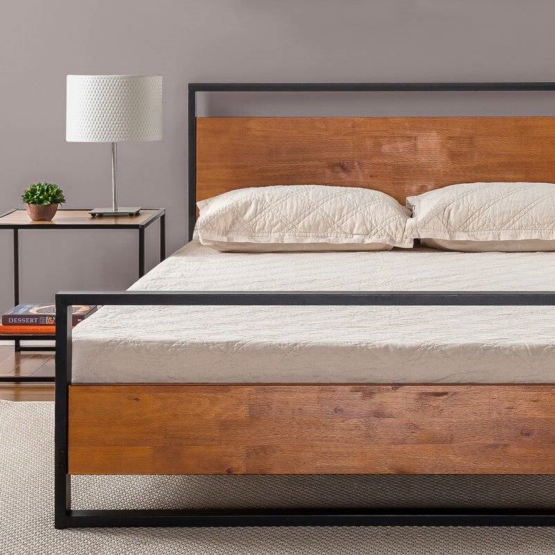 Queen size Modern Metal Wood Platform Bed Frame with Headboard and Footboard-1